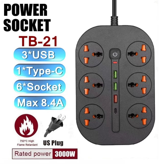 Compro™ 8.4A Universal Power Socket Extension With 6 Ac Sockets , 3 Usb Ports And Type-C Port