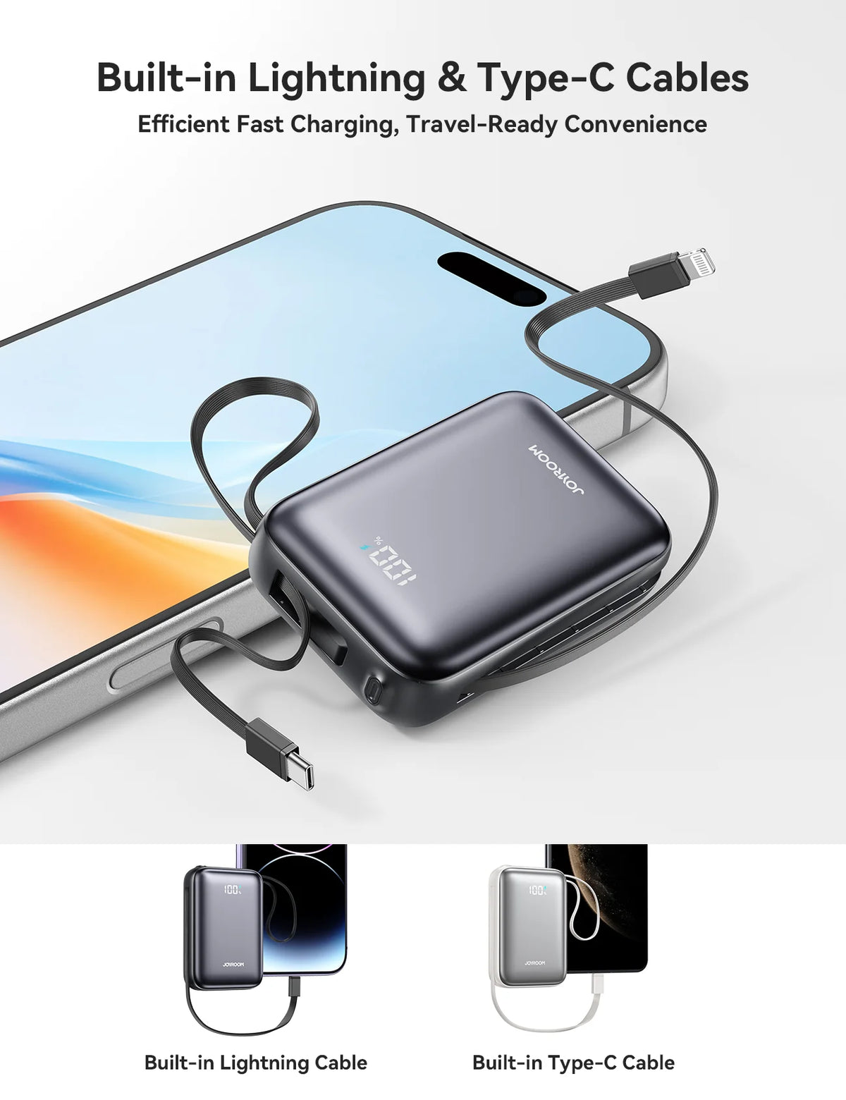 JOYROOM JR-PBF29 22.5W Mini Power Bank with Built-in Dual Cables 20000mAh-Black