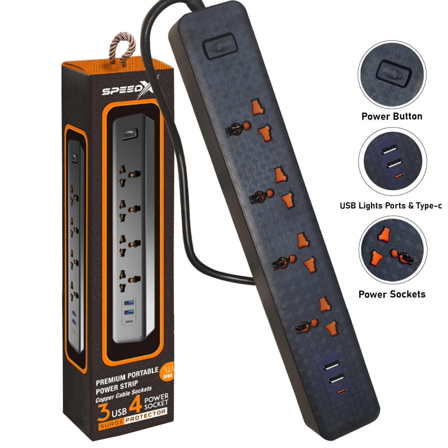 Speed-X Multi Power Plug Extension Board with 4 Sockets+ 2 USB + 1 Type-C Port
