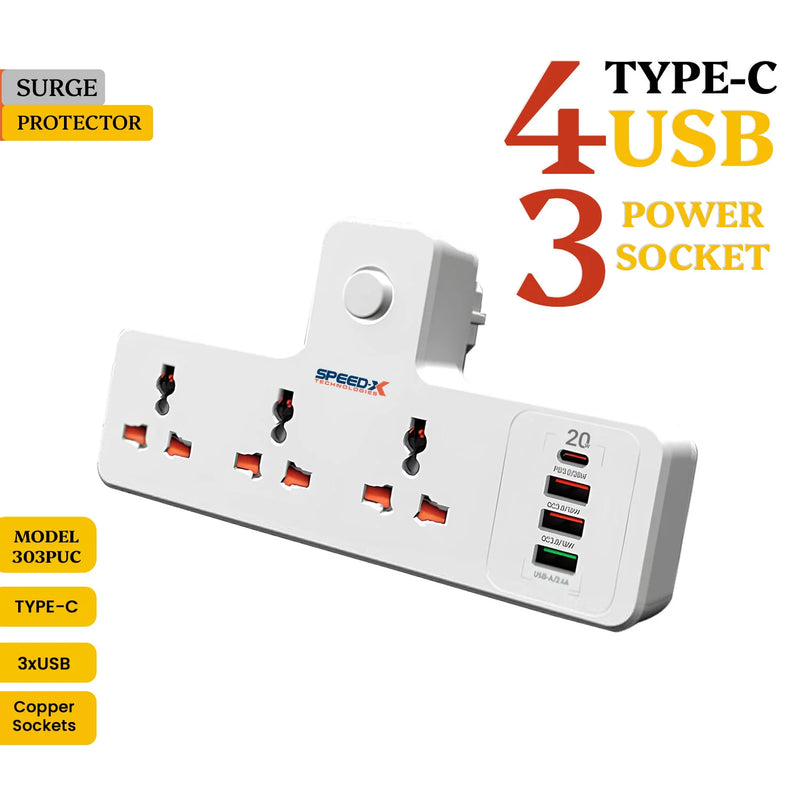 New Speed-X Premium Portable Power Strip 3socket+3usb+1TYPE-C Port