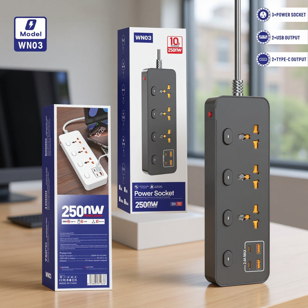 Compro™ 2500W Power Extension Socket-3 Universal Outlets + 2 USB Ports + 2 Type-C Fast Charging-With Individual Switches