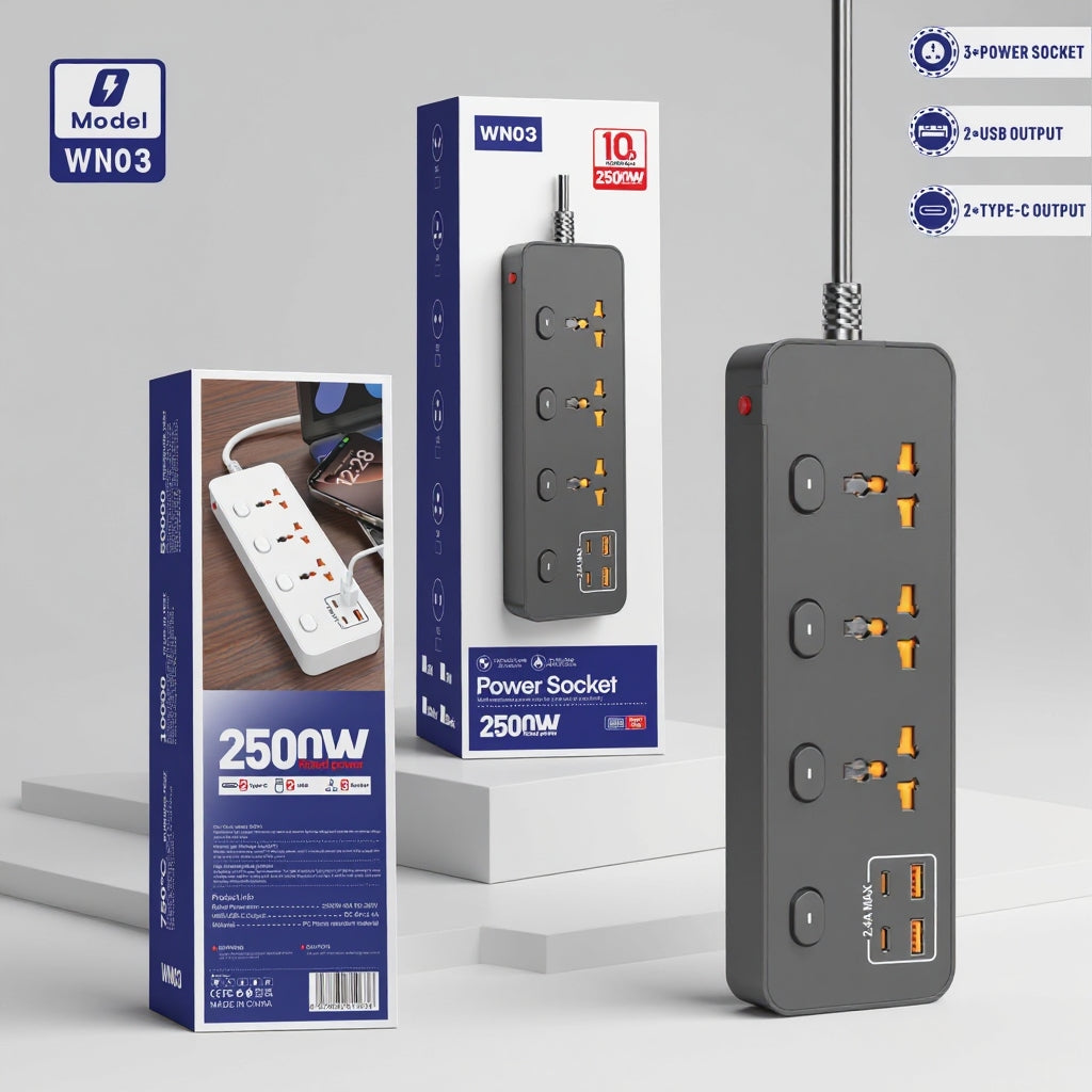 Compro™ 2500W Power Extension Socket-3 Universal Outlets + 2 USB Ports + 2 Type-C Fast Charging-With Individual Switches